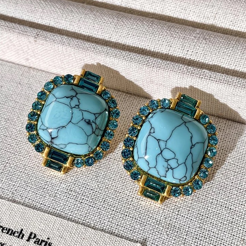 🩵 Turquoise Statement Earrings Gold Crystal Studs Vintage Style Bold Jewelry - Picture 6 of 8